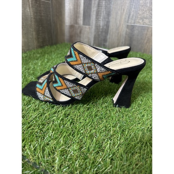 Jessica Simpson Aztec Beaded Heels Size 10M Black Square Toe Sandals - Picture 3 of 9